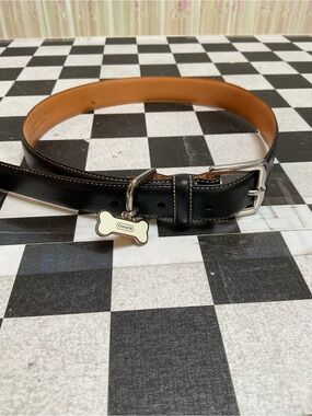 Coach Black Leather Dog Collar with Bone Charm